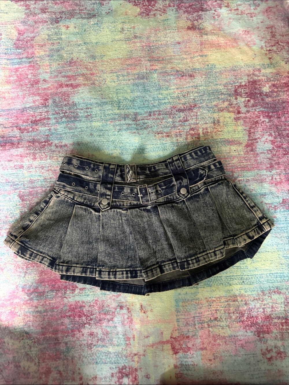 Fashion Nova Black Washed Denim Pleated Skort with Double Belt